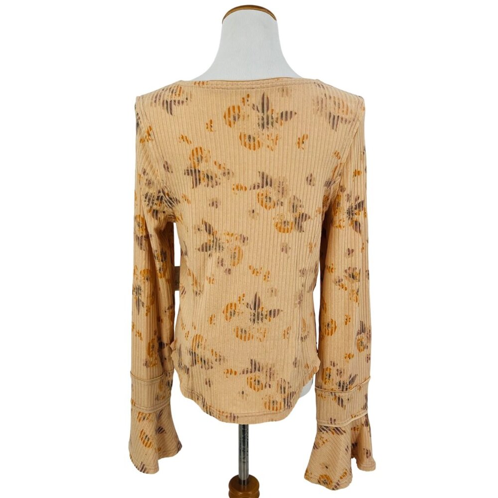 NWT Free People Ribbed Long Bell Sleeve Floral Print Retro Henley Top - Picture 7 of 16